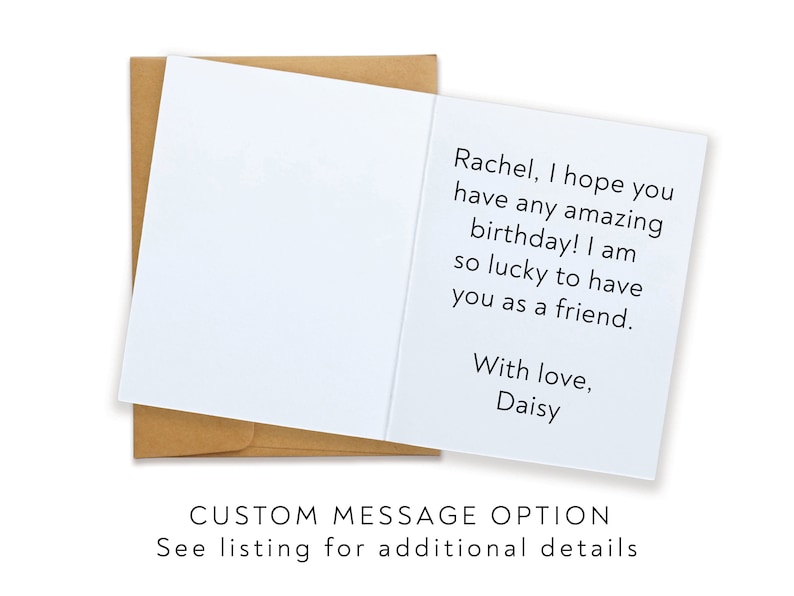A photo featuring the inside of a folded card to demonstrate the option to have a custom message printed on the inside of your card.