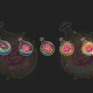 Peut inclure: Trois bouteilles en verre contenant des fleurs roses, entourées de feuilles vertes et d'une grande fleur rose. Les bouteilles sont sur un fond sombre. Les fleurs dans les bouteilles brillent.