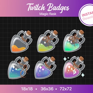 May include: Six different Twitch badges featuring a heart-shaped glass bottle with a cork stopper and a brown ribbon. The bottles contain different coloured liquids and sparkles. The badges are available in three sizes: 18x18, 36x36, and 72x72.