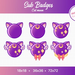 Peut inclure: Ensemble de six badges de souscription de chat lune violets en trois tailles : 18x18, 36x36 et 72x72. Les badges présentent un visage de chat violet avec une lune croissante et des étoiles.