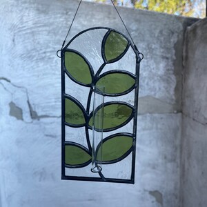 May include: A stained glass vase with a green leaf design. The vase is made of clear glass and has a black metal frame. It is hanging from a wire.