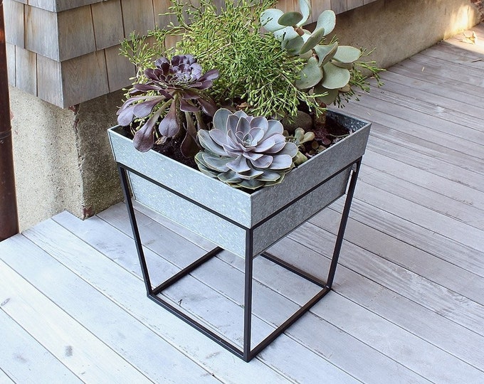 Modern Trough Planter with Stand, Iron with Galvanized Tray