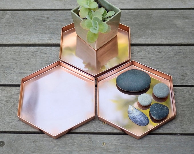 Hexagonal Copper Trays- Set of 3- for Plants Serving or Tabletop