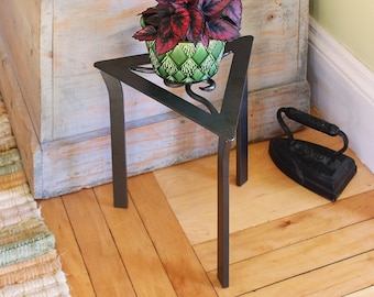 Scrollwork Triangular Wrought Iron Plant Stand or Side Table