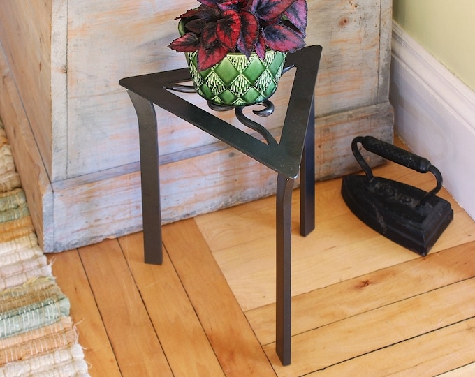 Scrollwork Triangular Wrought Iron Plant Stand or Side Table