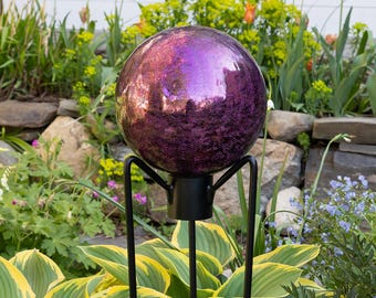 10" Purple Crackle Glass Garden Gazing Ball with Wrought Iron Stand