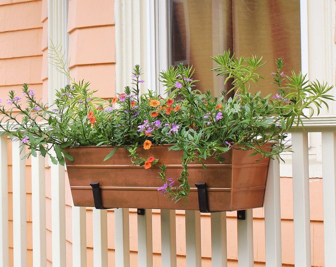 24"L Copper Plated Flower Window Box Planter and Wall Brackets