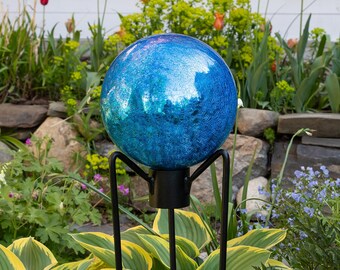 10" Turquoise Blue Crackle Glass Garden Gazing Ball with Wrought Iron Stand