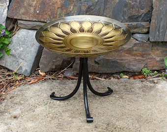 Daisy Sunflower Embossed Brass Birdbath on Wrought Iron Tripod Stand