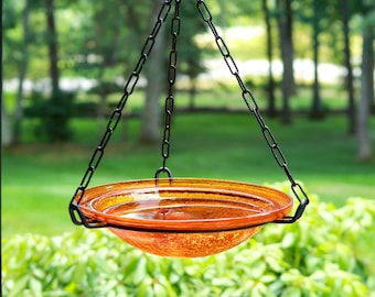 12" Hanging Tangerine Crackle Glass Birdbath Bowl