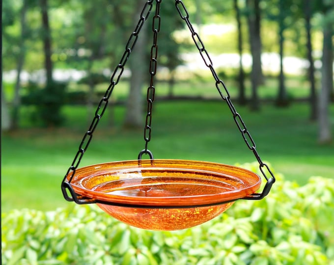 12" Hanging Tangerine Crackle Glass Birdbath Bowl