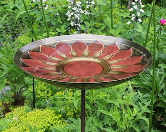 Red Daisy Sunflower Embossed Brass Birdbath on Garden Stake