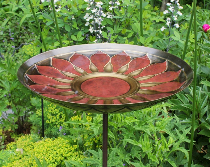 Red Daisy Sunflower Embossed Brass Birdbath on Garden Stake