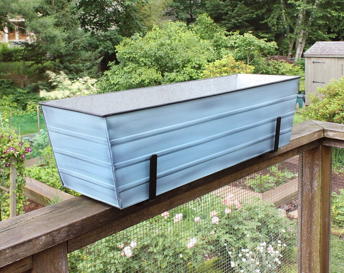 36"L Slate Blue Window Flower Box Planter with Railing Brackets