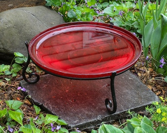14" Tomato Red Handblown Glass Birdbath Bowl and Stand