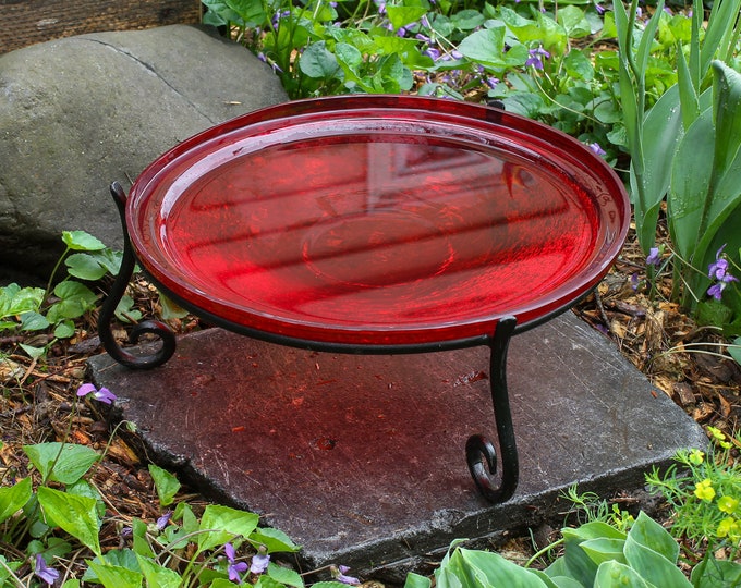 14" Tomato Red Handblown Glass Birdbath Bowl and Stand