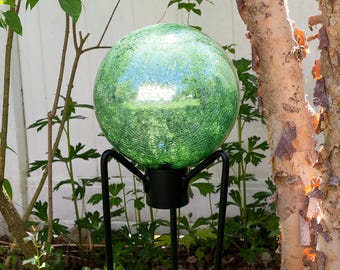 10" Light Green Crackle Glass Garden Gazing Ball with Wrought Iron Stand