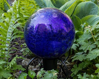 10" Cobalt Blue Crackle Glass Gazing Ball with Short Stand