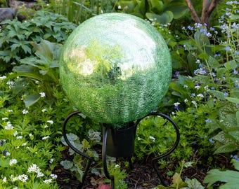 10" Light Green Crackle Glass Gazing Ball with Short Stand