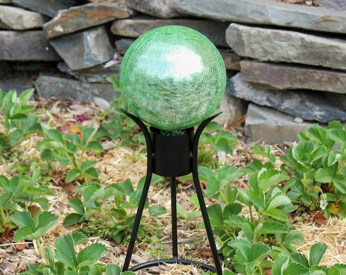 6" Light Green Mirrored Crackle Textured Glass Garden Gazing Ball with Wrought Iron Stand