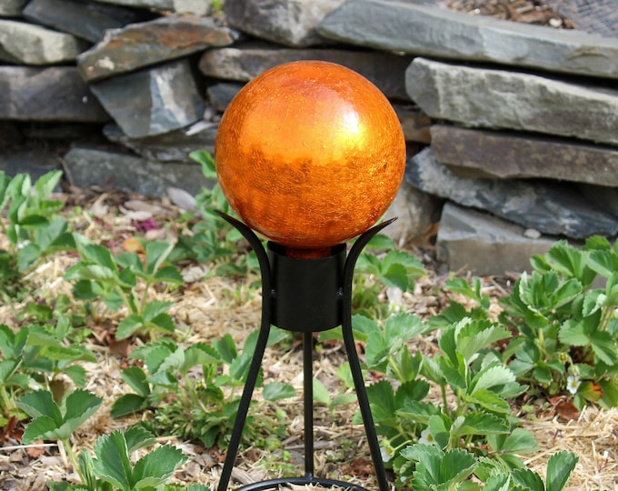 6" Brilliant Orange Mirrored Crackle Textured Glass Garden Gazing Ball with Wrought Iron Stand