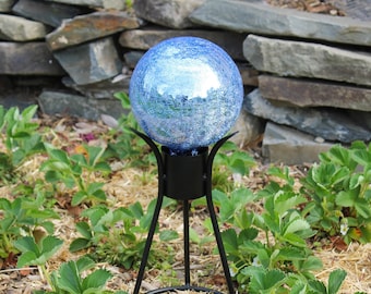 6" Light Blue Mirrored Crackle Glass Garden Gazing Ball with Wrought Iron Stand