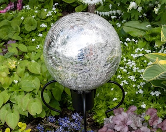 10" Silver Crackle Glass Gazing Ball with Short Stand