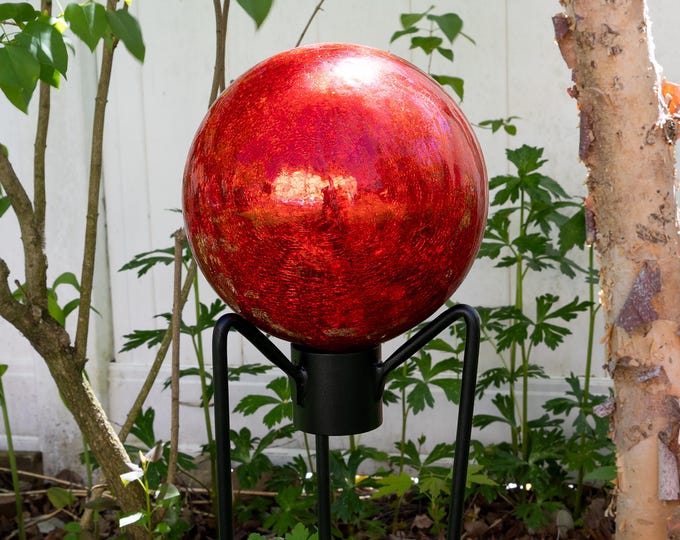 10" Tomato Red Crackle Glass Garden Gazing Ball with Wrought Iron Stand
