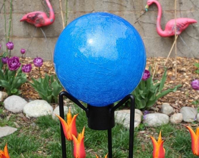 10" Brilliant Blue Crackle Glass Garden Gazing Ball with 24" Wrought Iron Stand