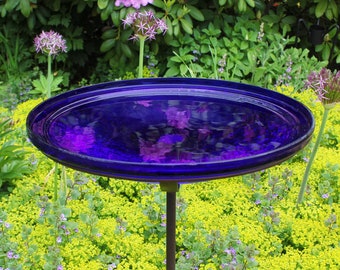 14" Cobalt Blue Crackle Glass Birdbath with Garden Stake