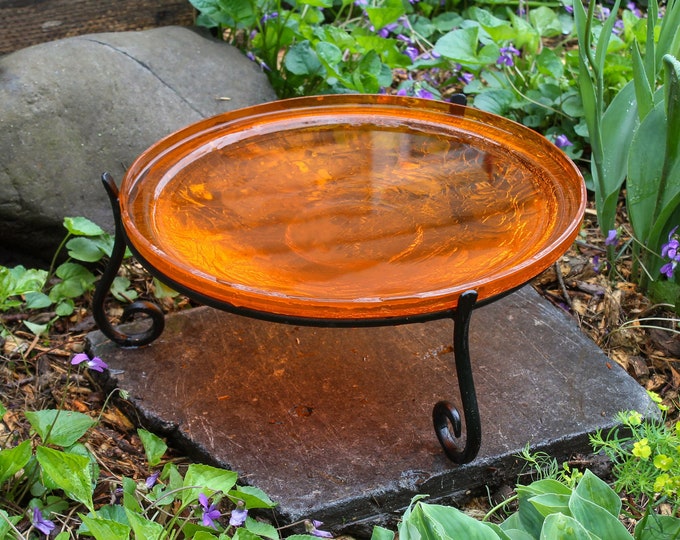 14" Brilliant Orange Handblown Glass Birdbath Bowl and Stand