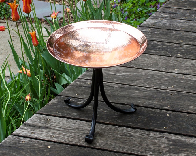 Hammered Polished Copper Birdbath with Wrought Iron Tripod Stand