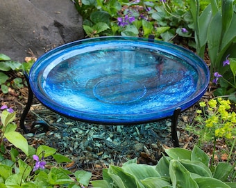 14" Turquoise Handblown Crackle Glass Birdbath Bowl and Stand
