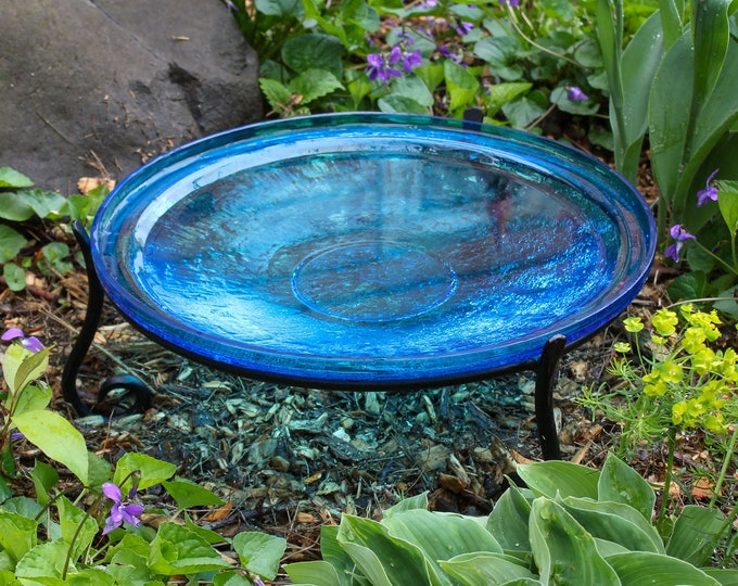 14" Turquoise Handblown Crackle Glass Birdbath Bowl and Stand