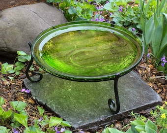 14" Lush Green Handblown Crackle Glass Birdbath Bowl and Stand