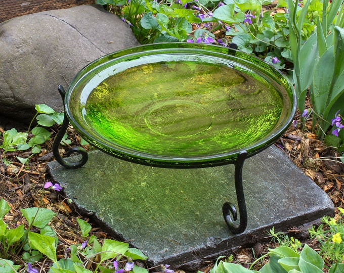14" Lush Green Handblown Glass Birdbath Bowl and Stand