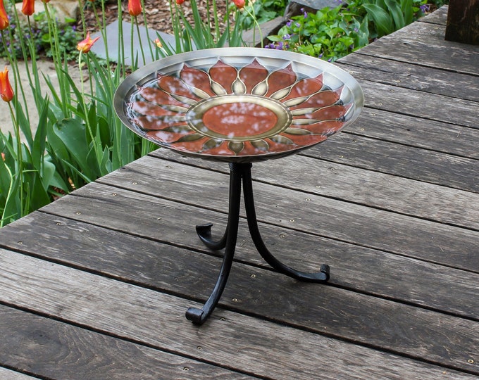 Red Daisy Sunflower Embossed Brass Birdbath on Tall Tripod Stand