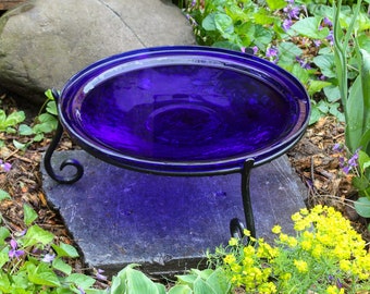 14"  Cobalt Blue Handblown Crackle Glass Birdbath Bowl and Stand