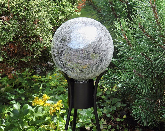 6" Silver Mirrored Crackle Textured Glass Garden Gazing Ball with Wrought Iron Stand
