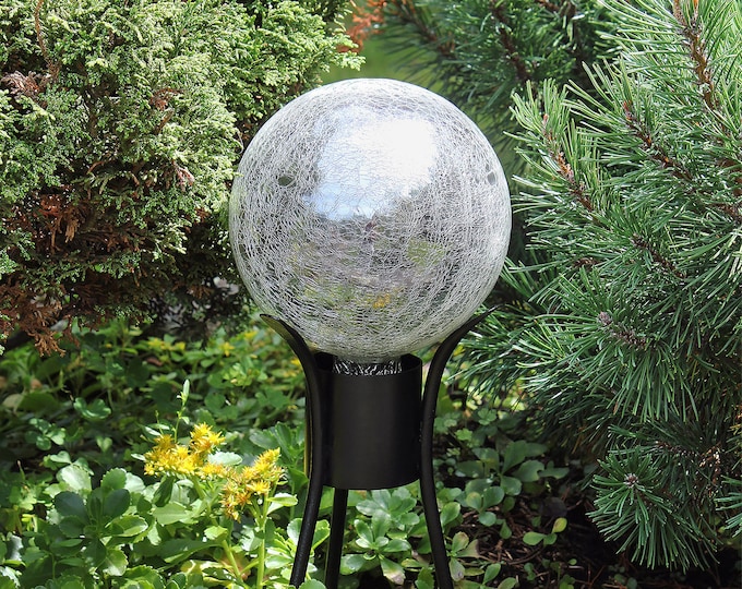 6" Silver Mirrored Crackle Glass Garden Gazing Ball with Wrought Iron Stand