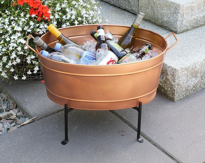 Copper Plated Drink Tub or Planter with Folding Stand