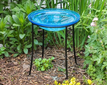 12" Turquoise Blue Crackle Glass Birdbath Bowl with Wrought Iron Ring Stand