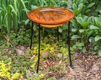 12" Tangerine Crackle Glass Birdbath Bowl with Wrought Iron Ring Stand