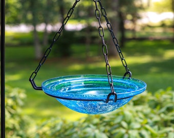 12" Hanging Turquoise Crackle Glass Birdbath Bowl