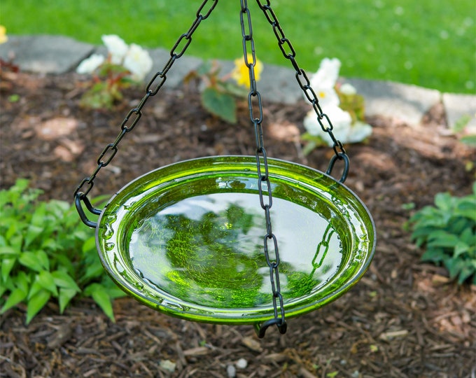 12" Hanging Green Crackle Glass Birdbath Bowl