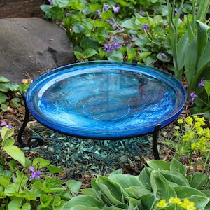 14" Turquoise Handblown Glass Birdbath Bowl and Stand