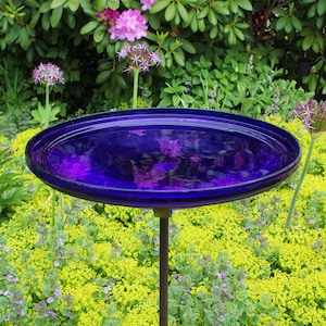 14&quot; Cobalt Blue Crackle Glass Birdbath with Garden Stake