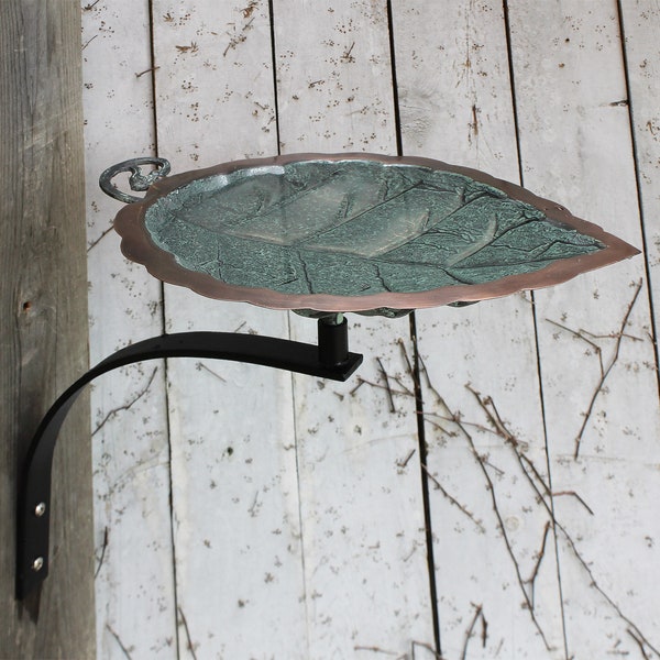 Hammered Leaf Copper Birdbath with Wall/Post Bracket