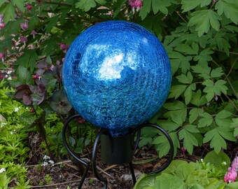 10" Turquoise Blue Crackle Glass Gazing Ball with Short Stand