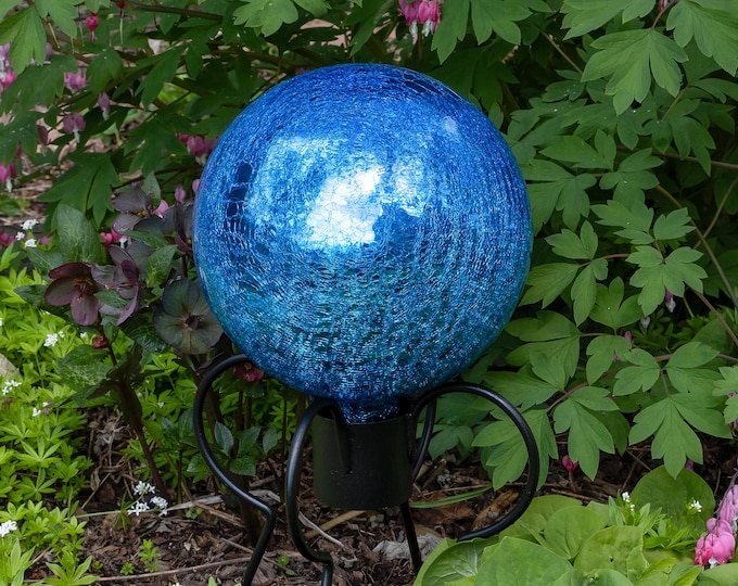 10" Turquoise Blue Crackle Glass Gazing Ball with Short Stand